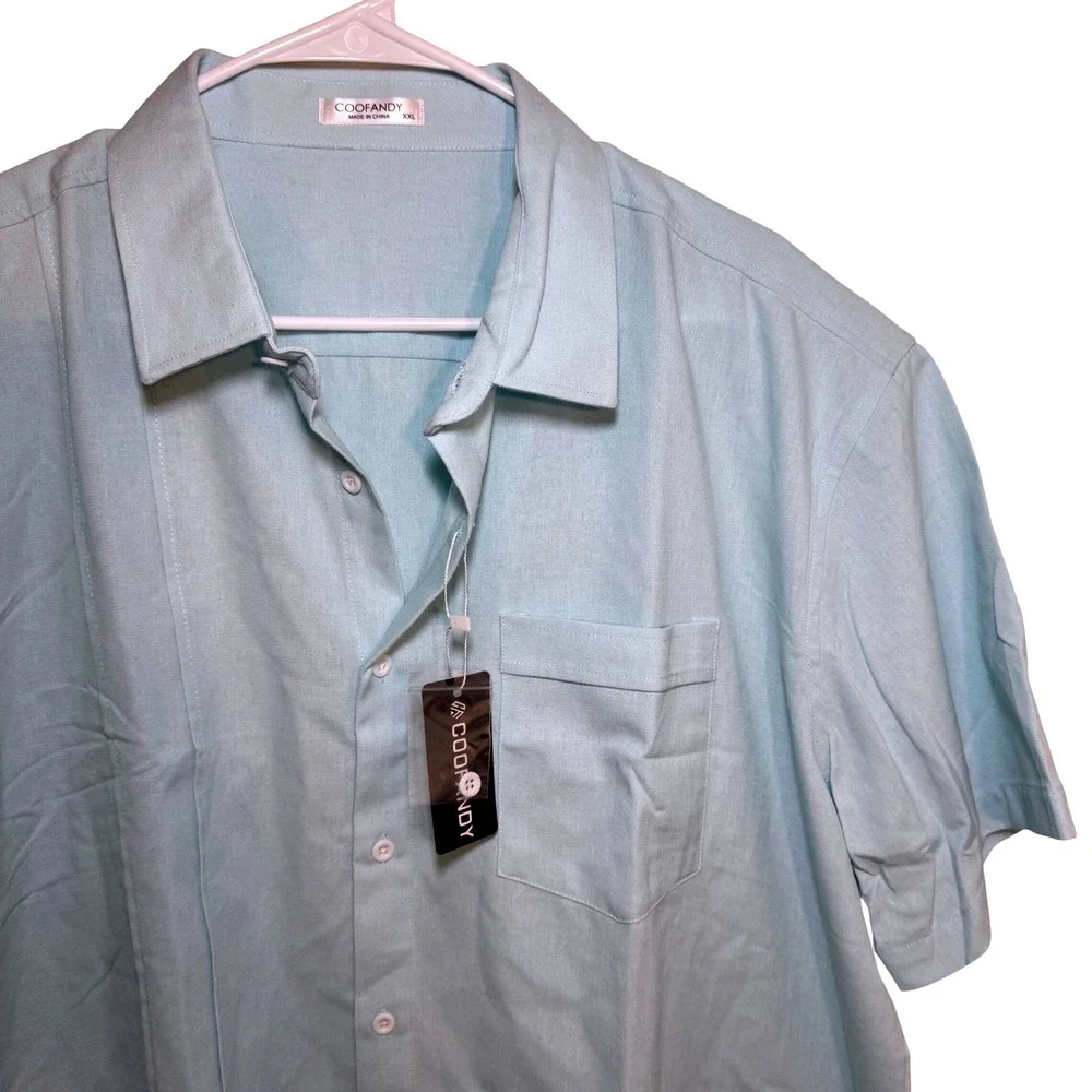 COOFANDY Men's Short Sleeve Button Down Shirt Light Blue Linen Blend‎ XXLarge